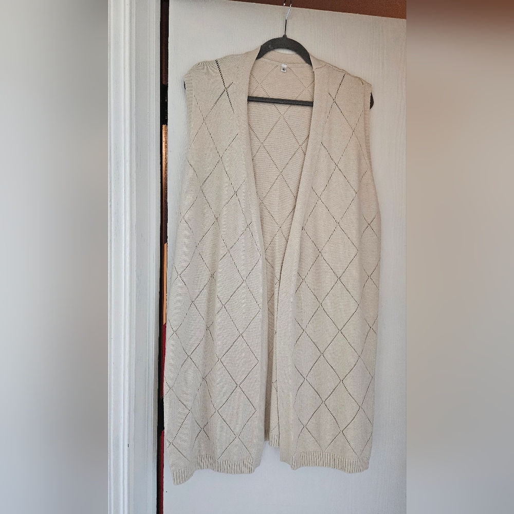 Diamond Knit Open Front Cardigan Vest - Cream